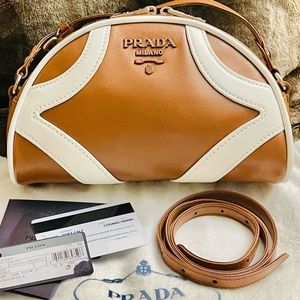 100% Authentic Prada Small Bowling Bag in Cognac & Bianco